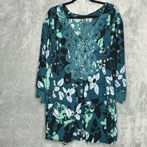 Denim 24/7 32W 4X Top Shirt Teal Blue Floral Flower 3/4 Sleeve Henley V Neck